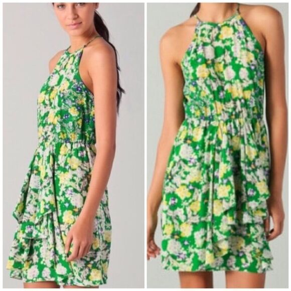 $375 REBECCA TAYLOR SILK FLORAL HIGH NECK FLUTTER GARDEN GREEN DRESS 0 FAIRY - Picture 2 of 14